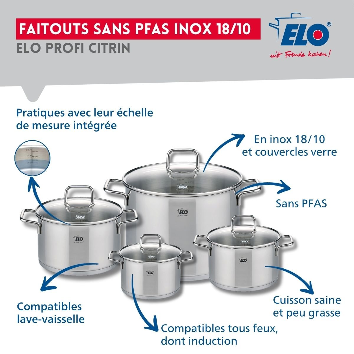 2 poêles 24/28cm + 4 faitouts 14/16/20/26cm PROFI CITRIN gris, ELO