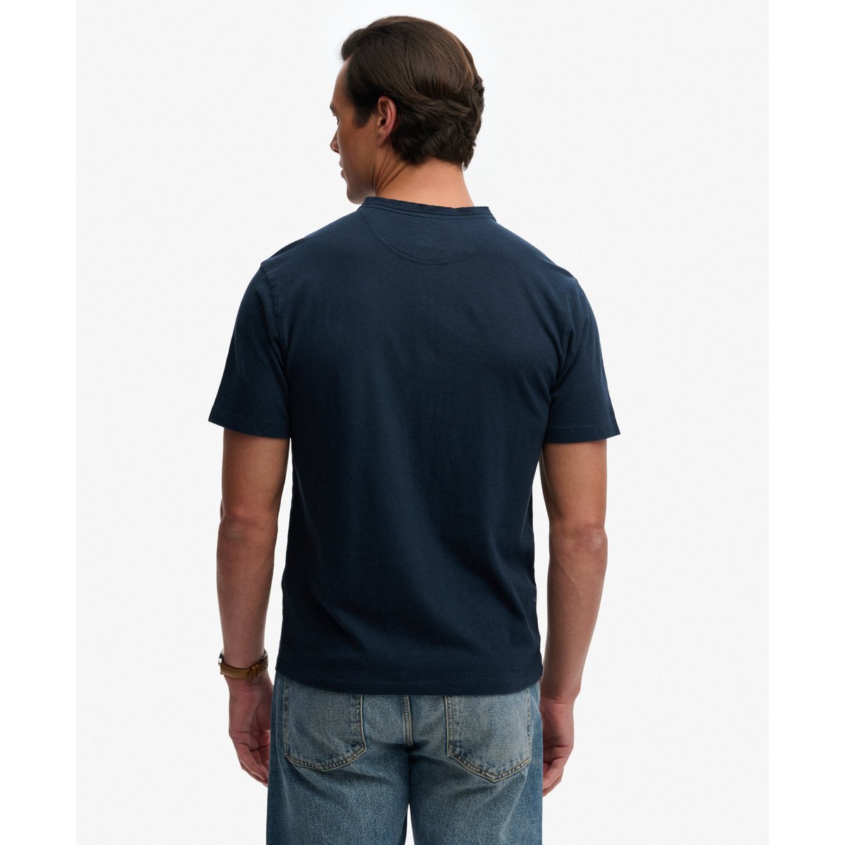 T-shirt Henley à manches courtes en coton et lin bleu marine chrome nordique, SUPERDRY