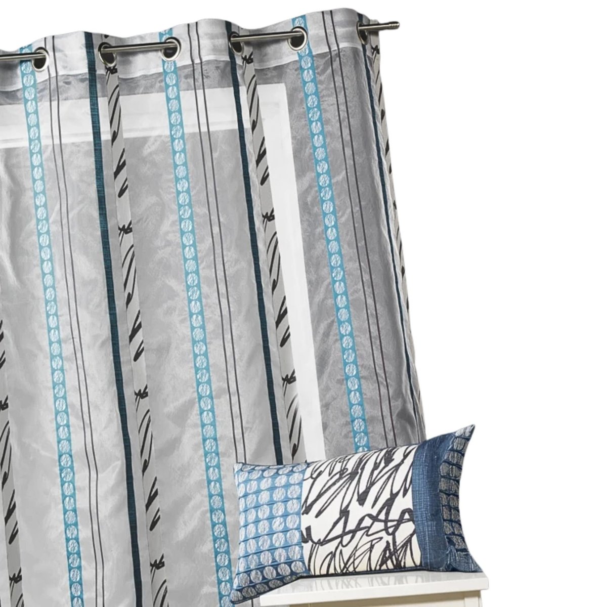 Voilage organza à fines rayures zébrées bleu pétrole, HOME MAISON