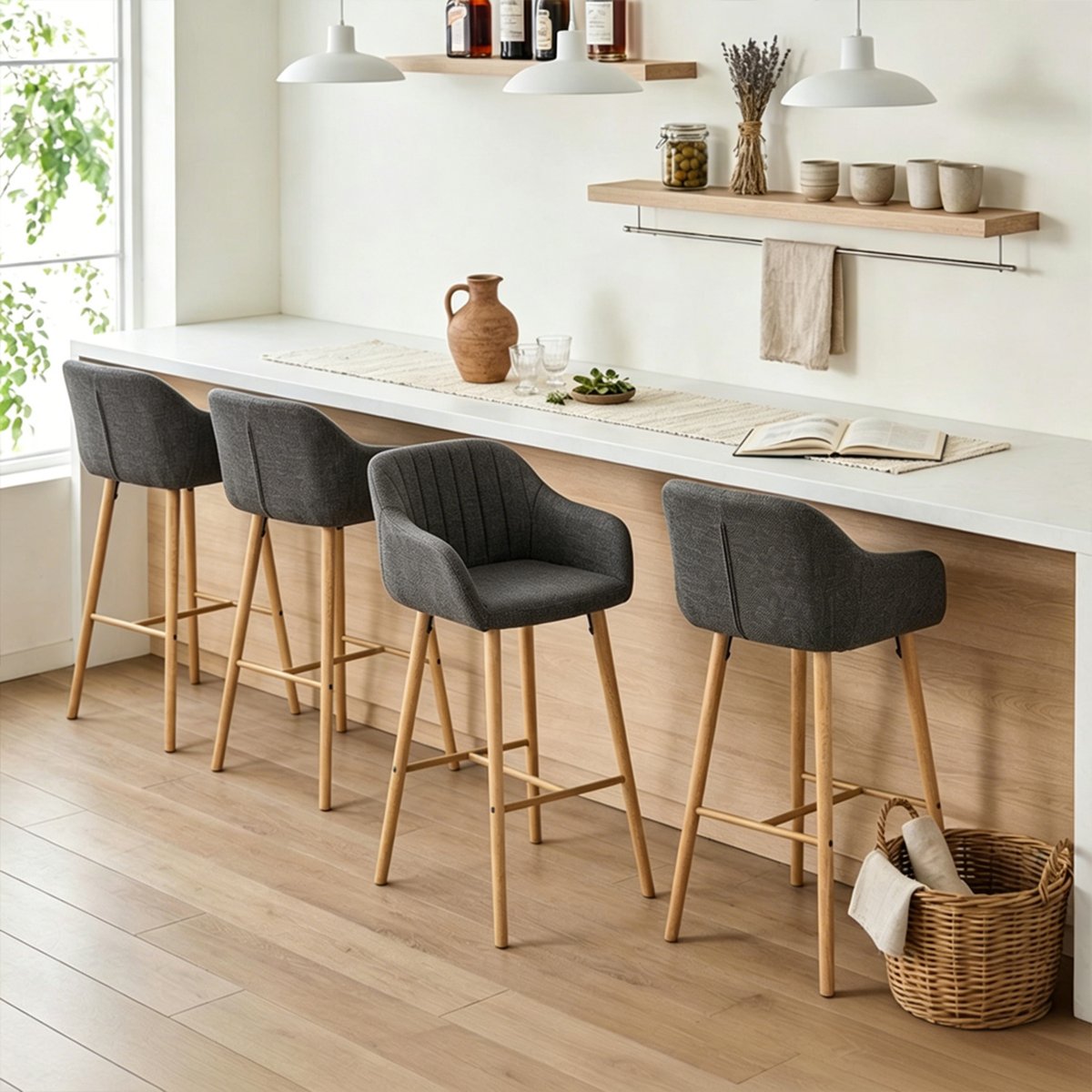 Lot de 4 chaises de bar scandinave en tissu lin H75cm, CARMENA noir, MEUBLES COSY