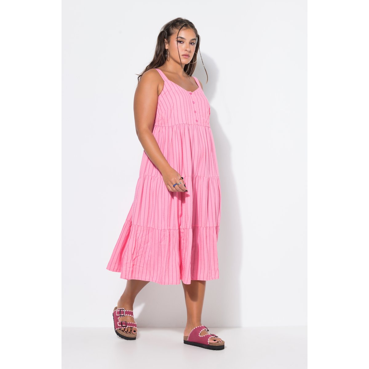 Robe midi à volants, lin mélangé à rayures rose, STUDIO UNTOLD