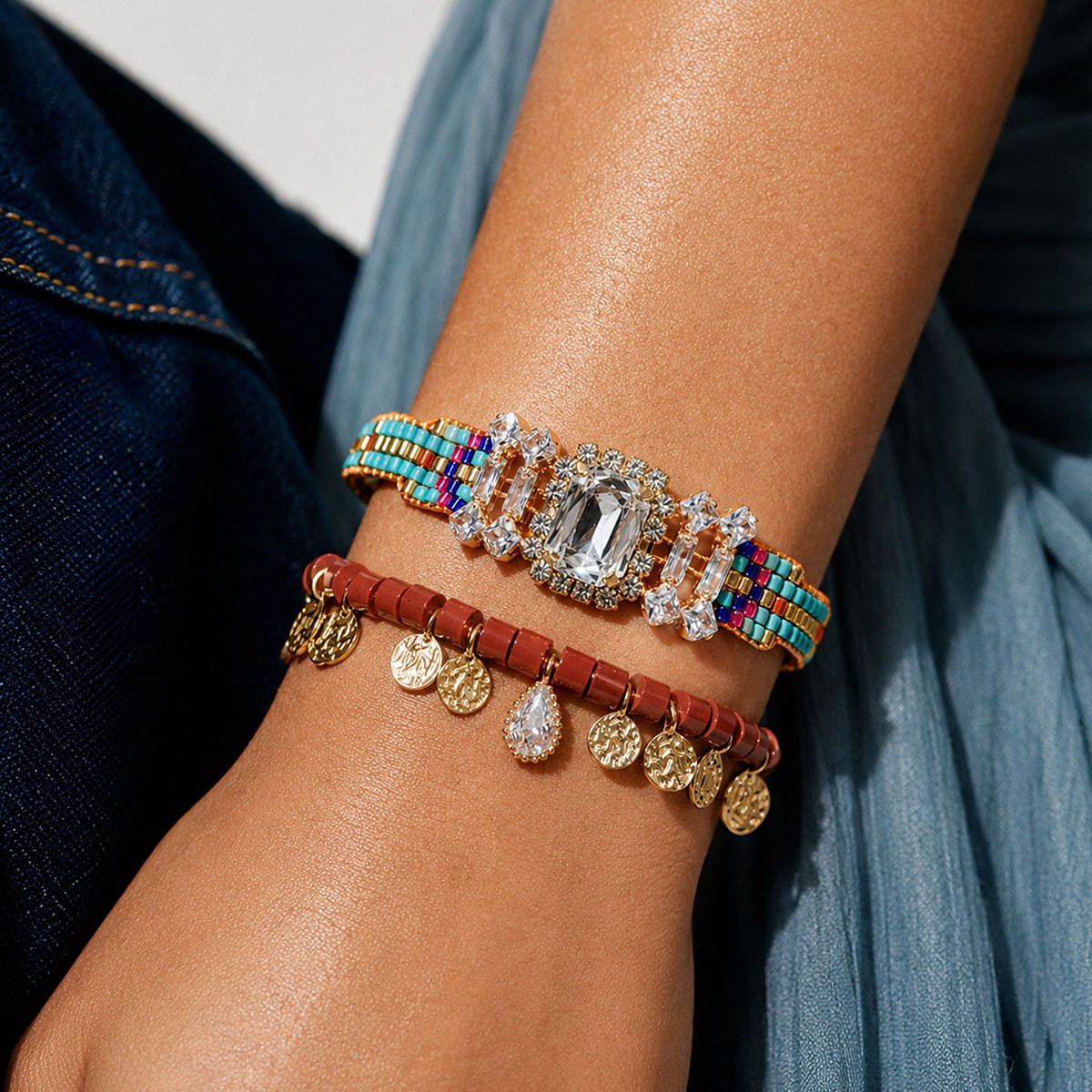 Bracelet double perles et pampilles DILI bleu, HIPANEMA