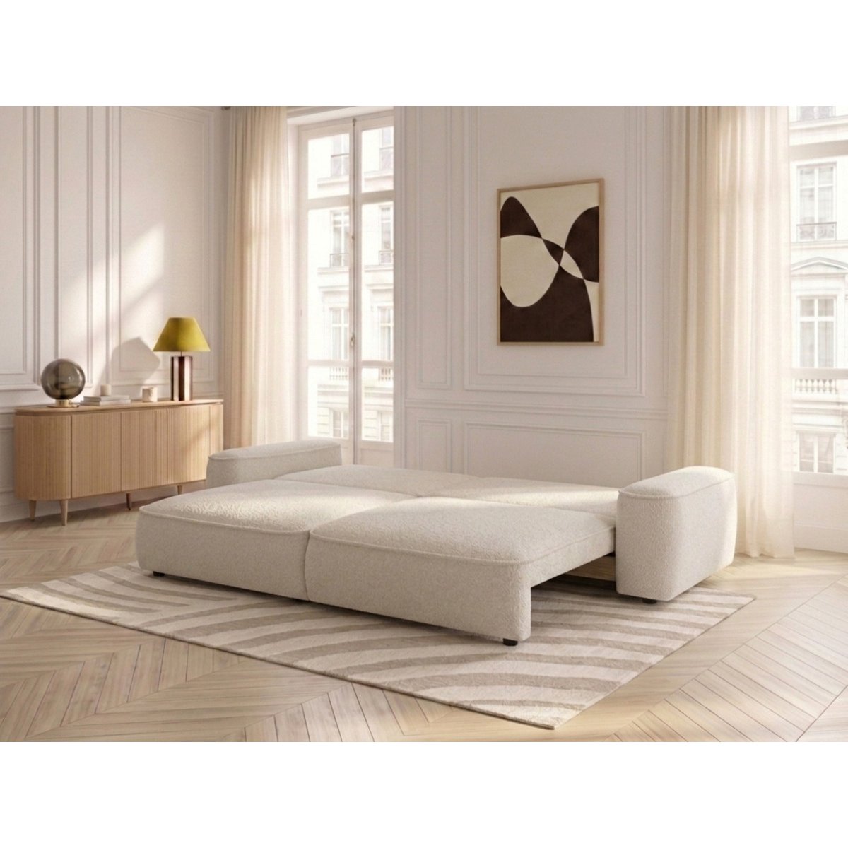 Canapé droit convertible 3 places en tissu chenille, HONORE blanc, BOBOCHIC