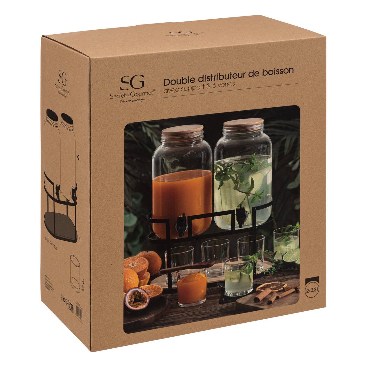 Lot de 2 distributeurs de boisson 3,3 L avec 6 verres DUO transparent, SECRET DE GOURMET