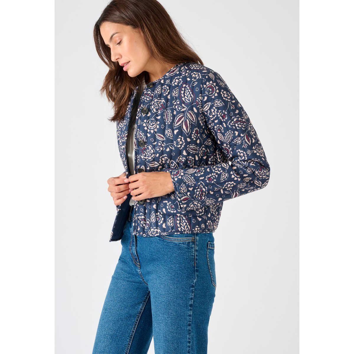 Veste matelassée imprimée bleu marine grandes fleurs, DAMART