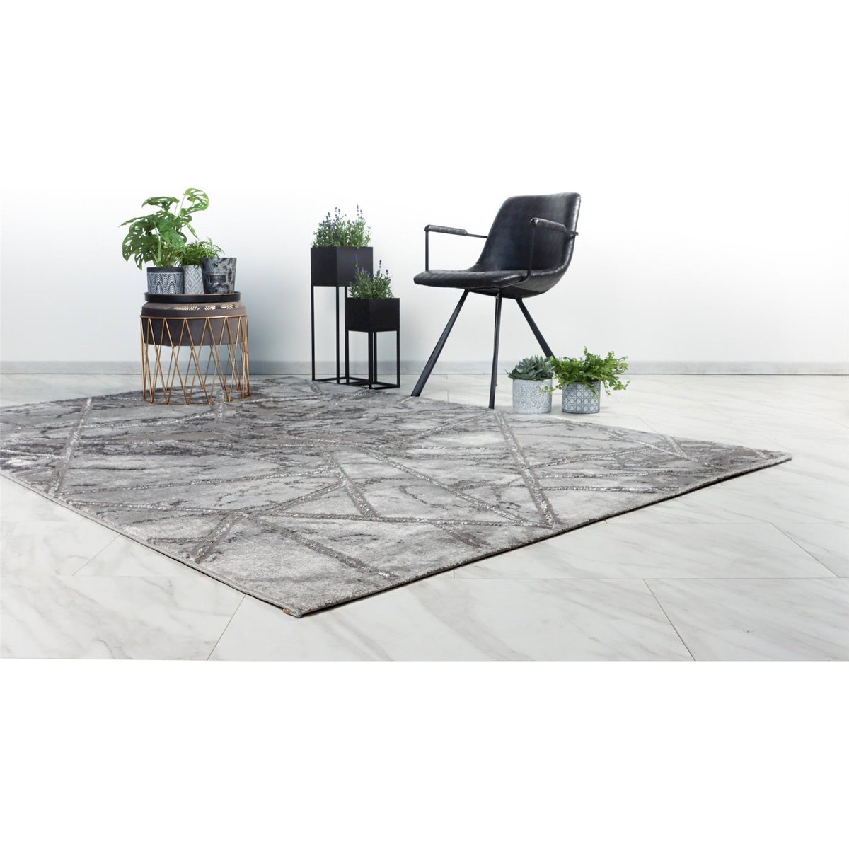 Tapis rectangulaire, Mineral argent gris clair marbré géométrique, ARTE ESPINA