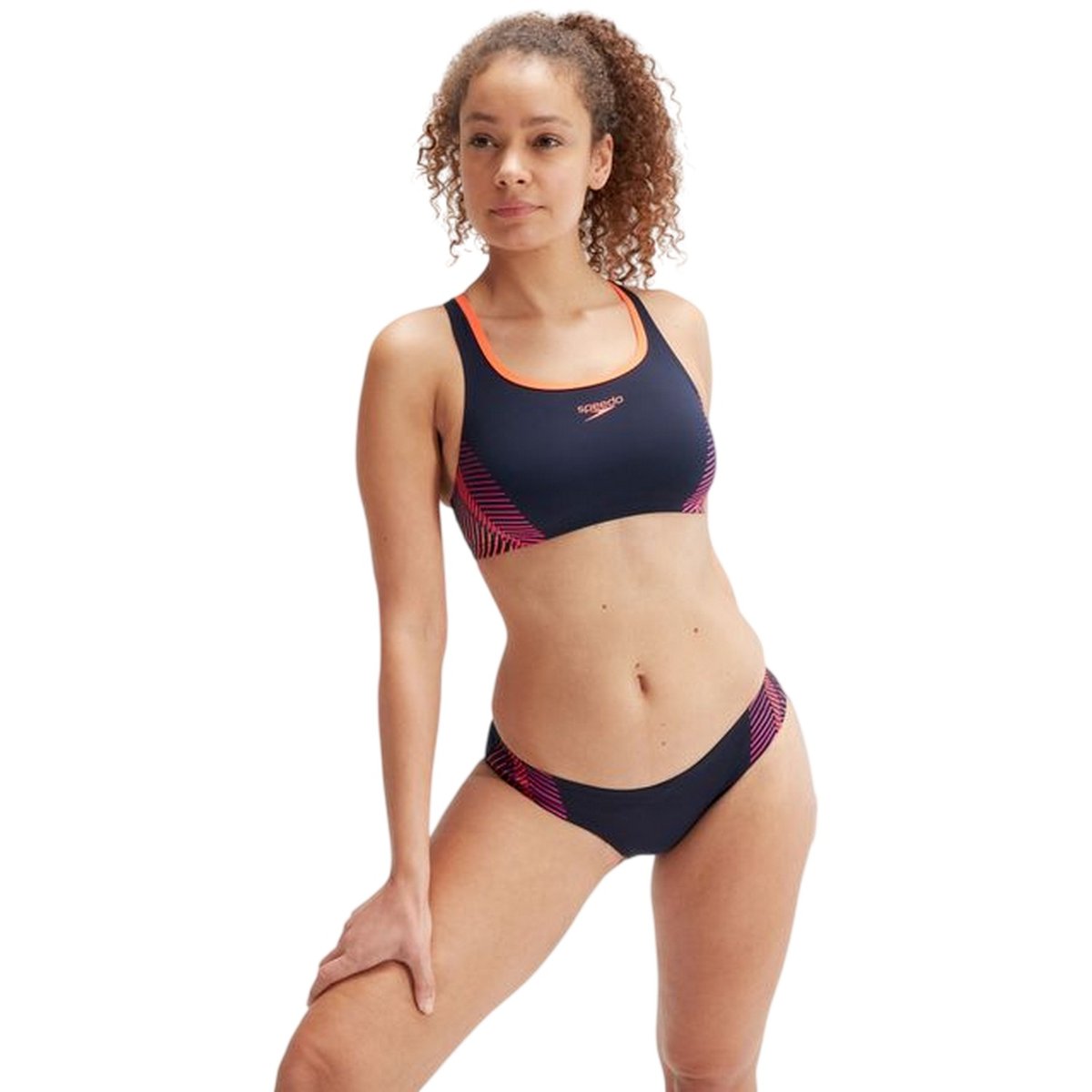 Maillot de bain 2 pièces motif/style à rayures bleu marine / rose, SPEEDO