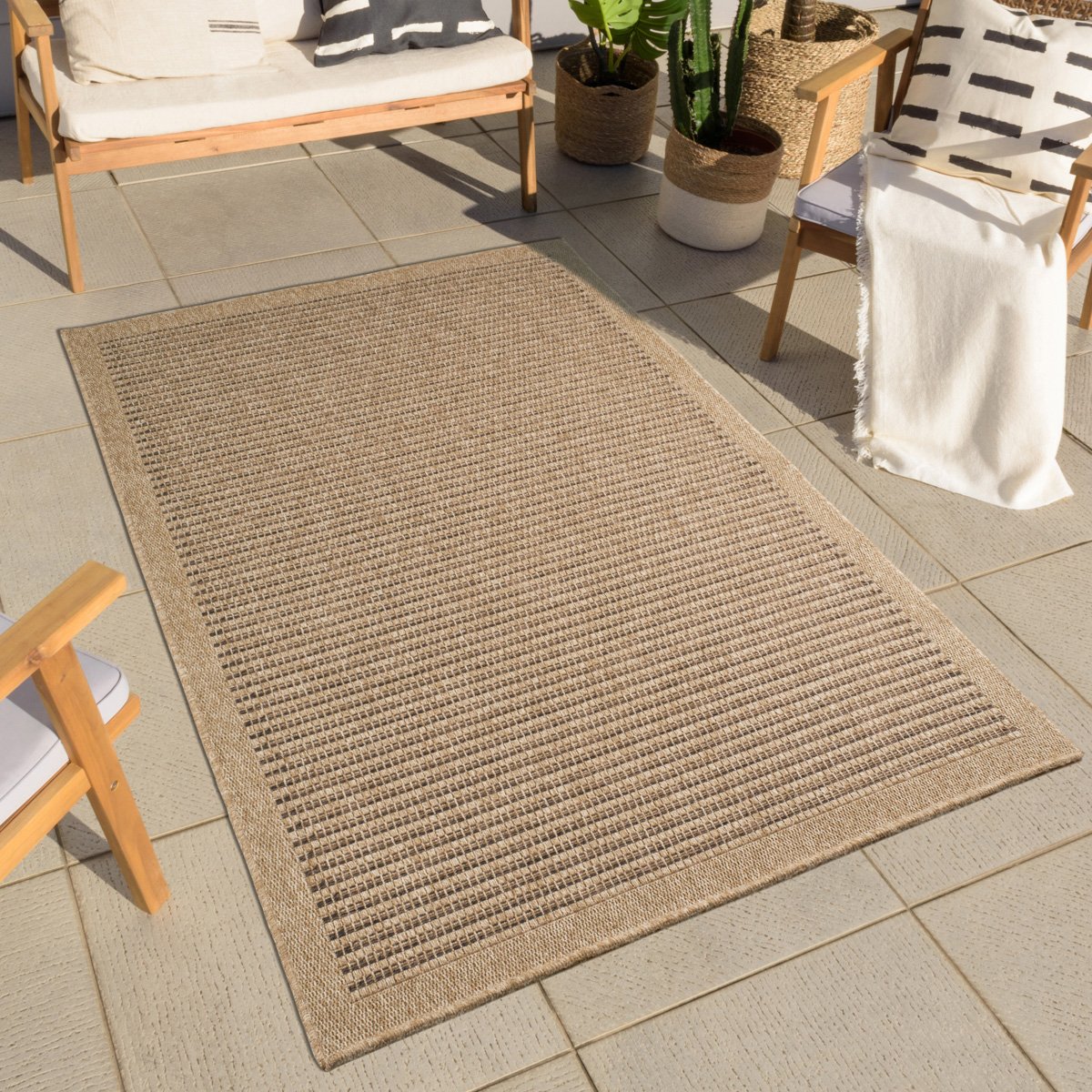 Tapis intérieur extérieur rond aspect jute motifs lignes NATURE marron, NAZAR RUGS