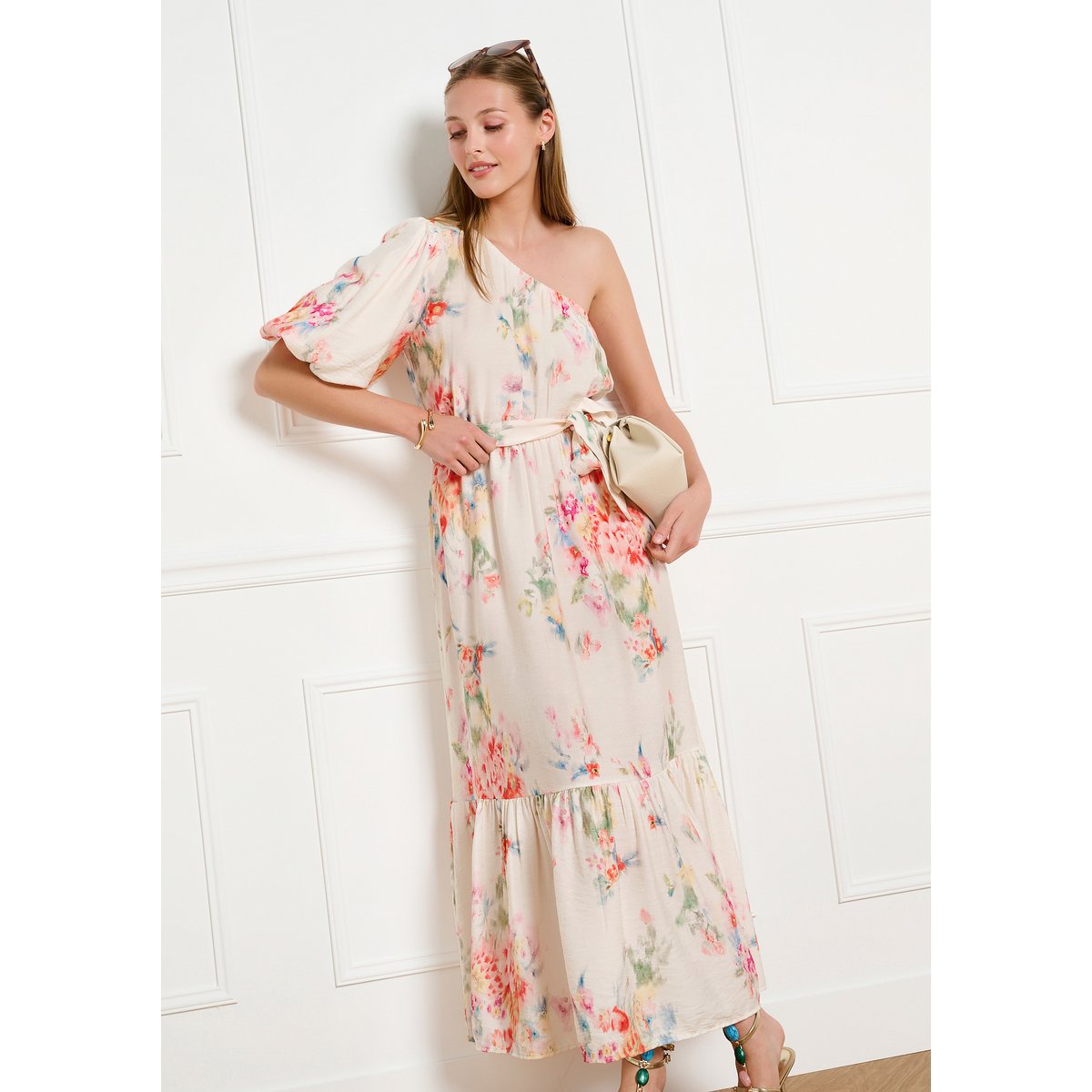 Robe midi asymétrique fluide blanc vanille, LOLALIZA