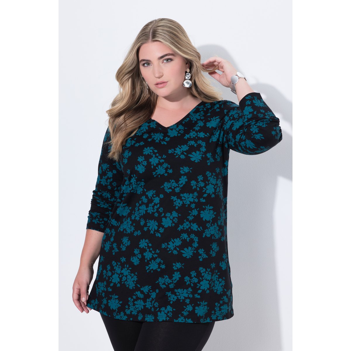 T-shirt long à fleurs vert pétrole, ULLA POPKEN