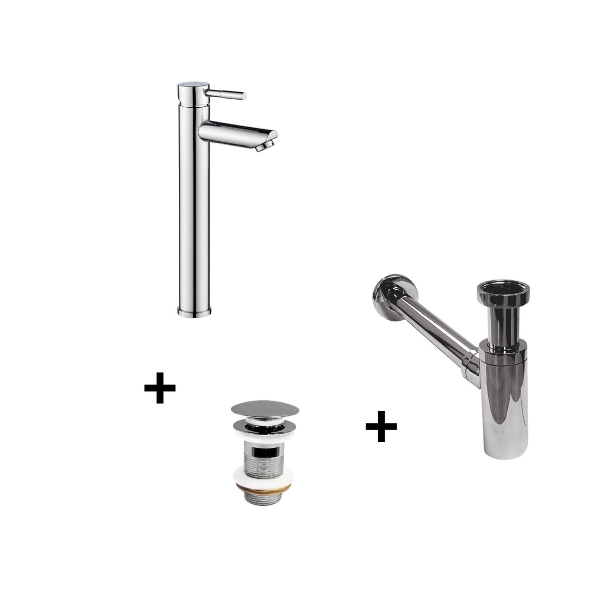 Robinet bec haut TAP + bonde CLINT + siphon SIMON chromé, MOB IN