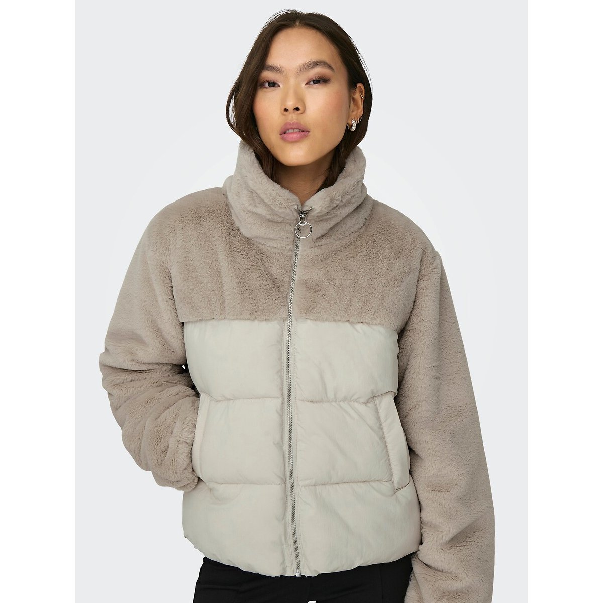 Short Padded Jacket in Teddy Faux Fur with Zip Fastening and High Neck beige, ONLY