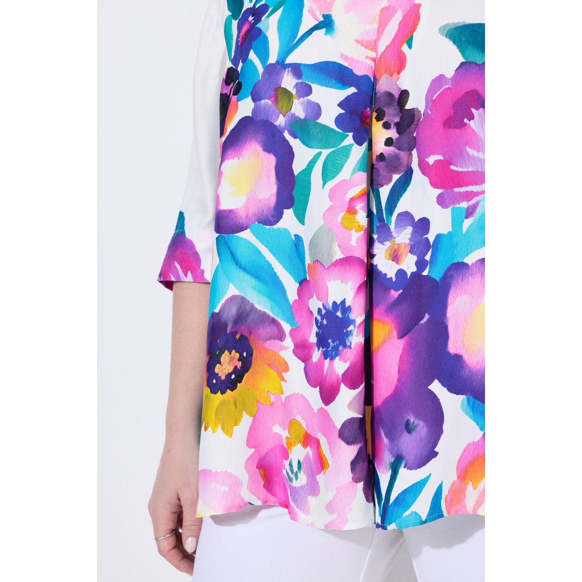 Blouse en satin, fleurs, coupe A, col calice blanc neige, ULLA POPKEN