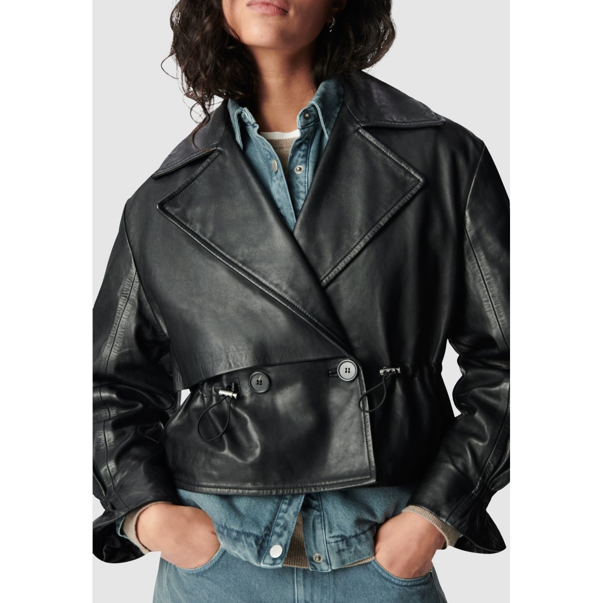 Veste oversize courte en cuir noir, IKKS