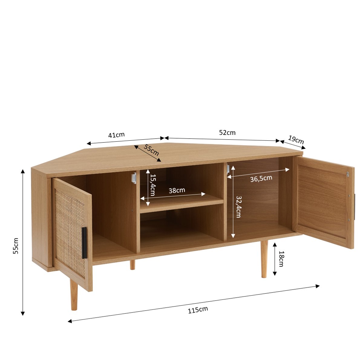 Meuble TV d'angle cannage 2 portes AMANA chêne clair, BAÏTA