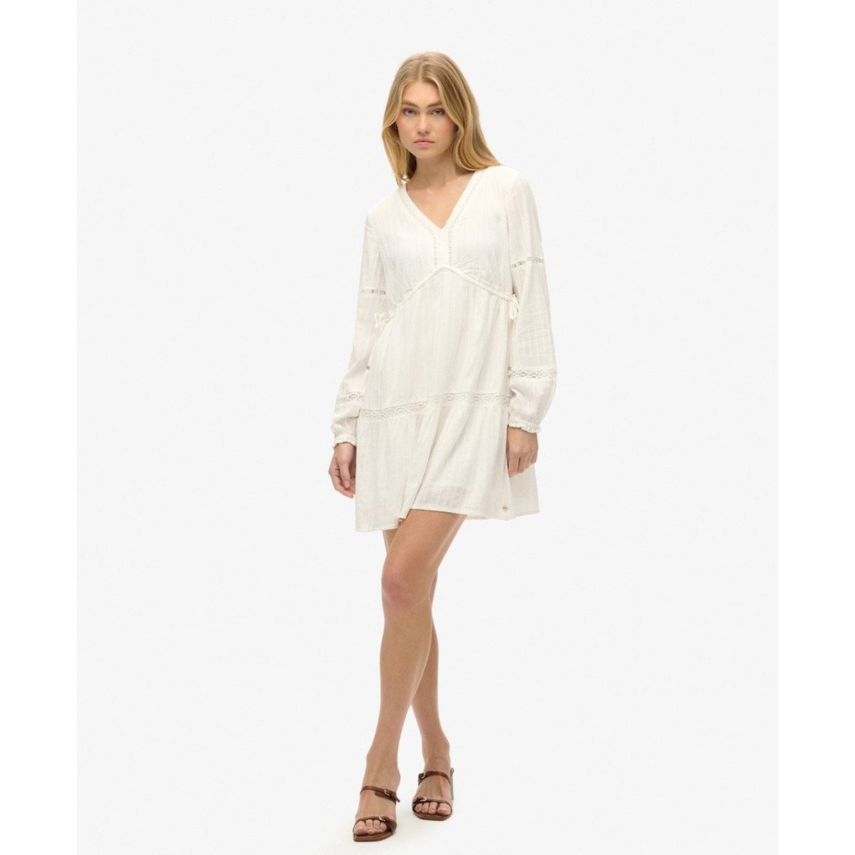 Robe courte à manches longues et volants Ibiza blanc cassé, SUPERDRY