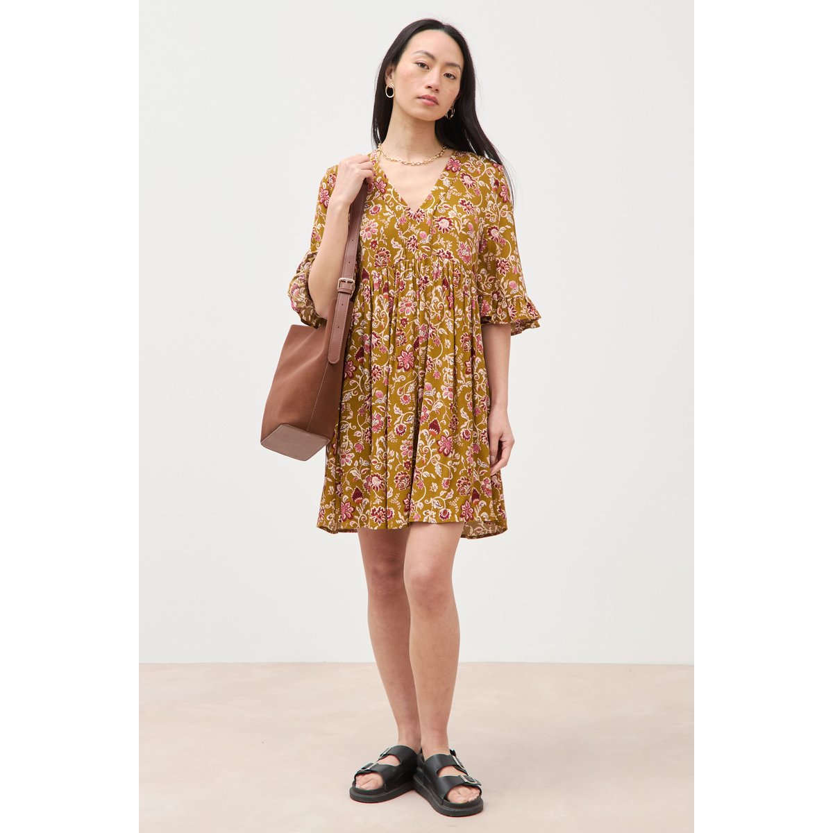 Robe col v manches au coude vert olive, BONOBO