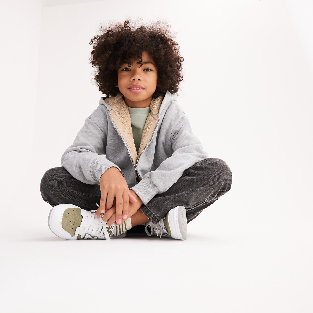 Sweat zippé à capuche, molleton doublé sherpa gris chiné, LA REDOUTE COLLECTIONS