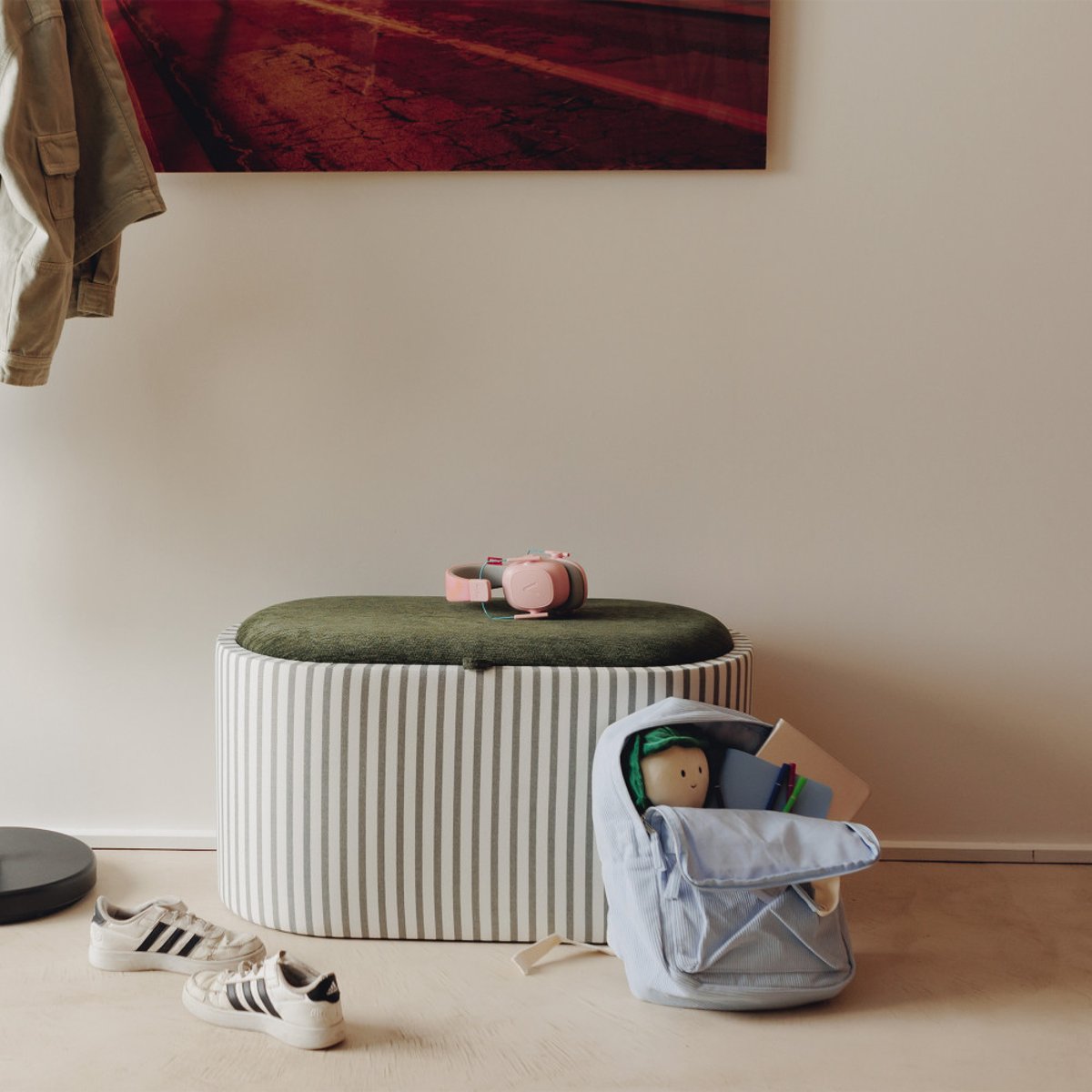 Banc coffre à rayures convertible en table basse L77cm- ZOE vert, DRAWER