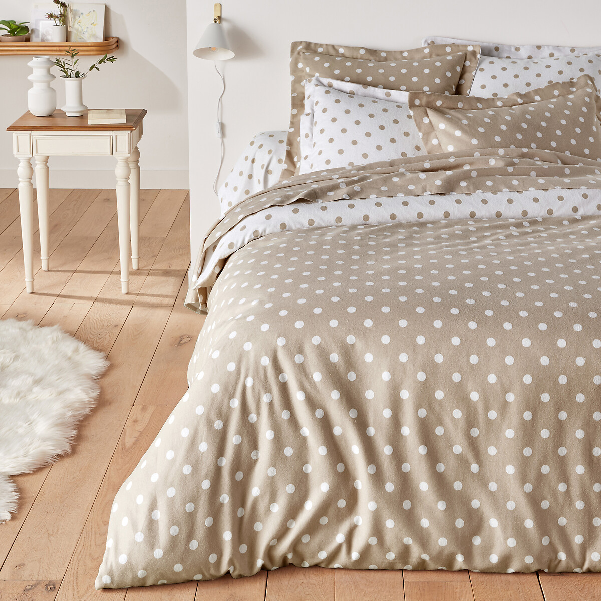 Taie d'oreiller flanelle imprimé pois, Clarisse beige/blanc, LA REDOUTE INTERIEURS