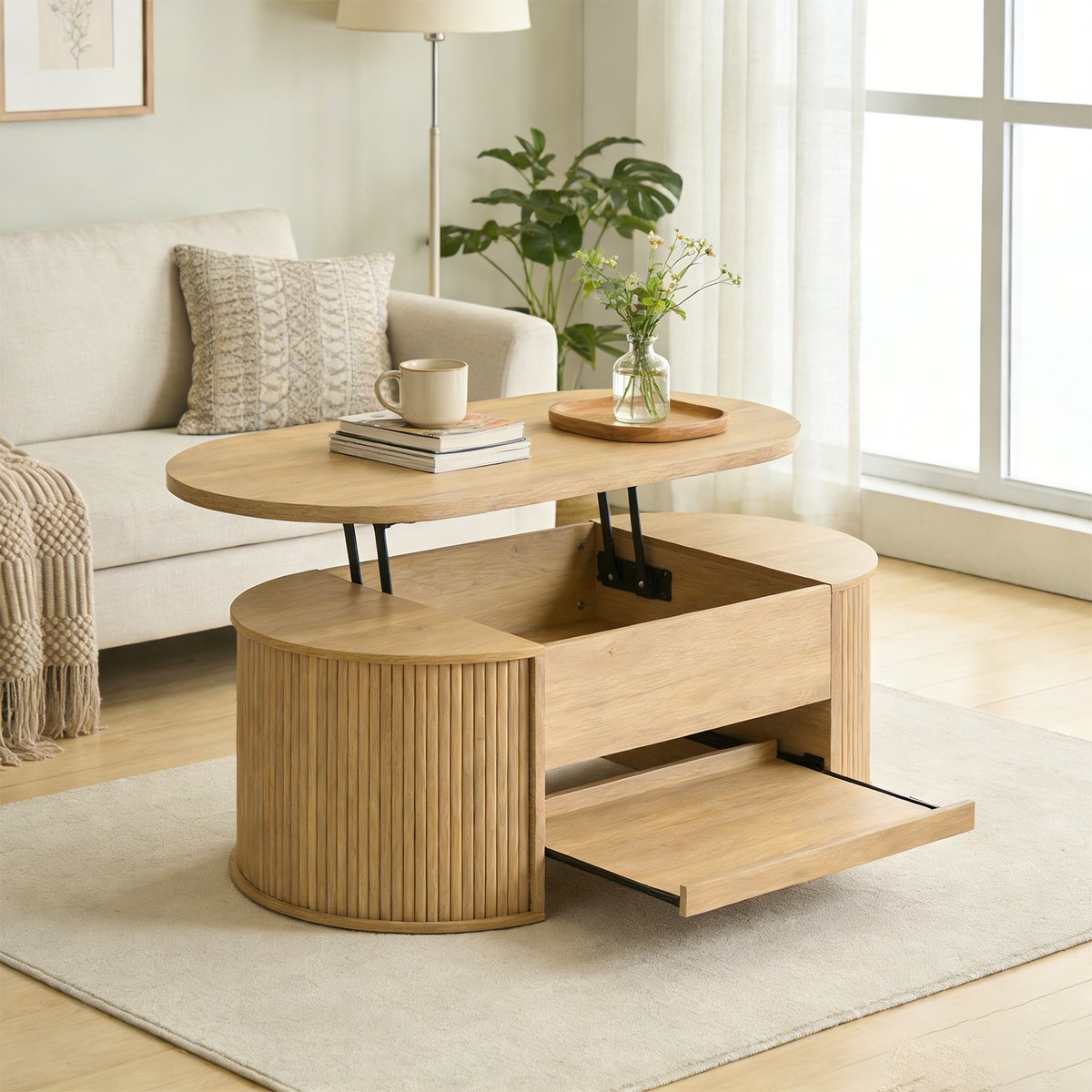 Table basse relevable panneaux courbes, CHESTNUT oak, MEUBLES COSY