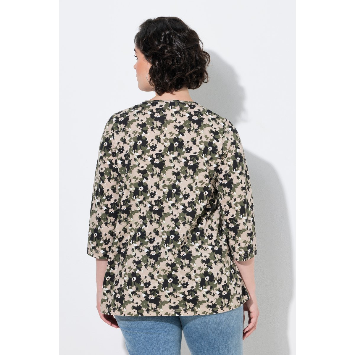 T-shirt à fleurs, plis fantaisie gris olive, ULLA POPKEN