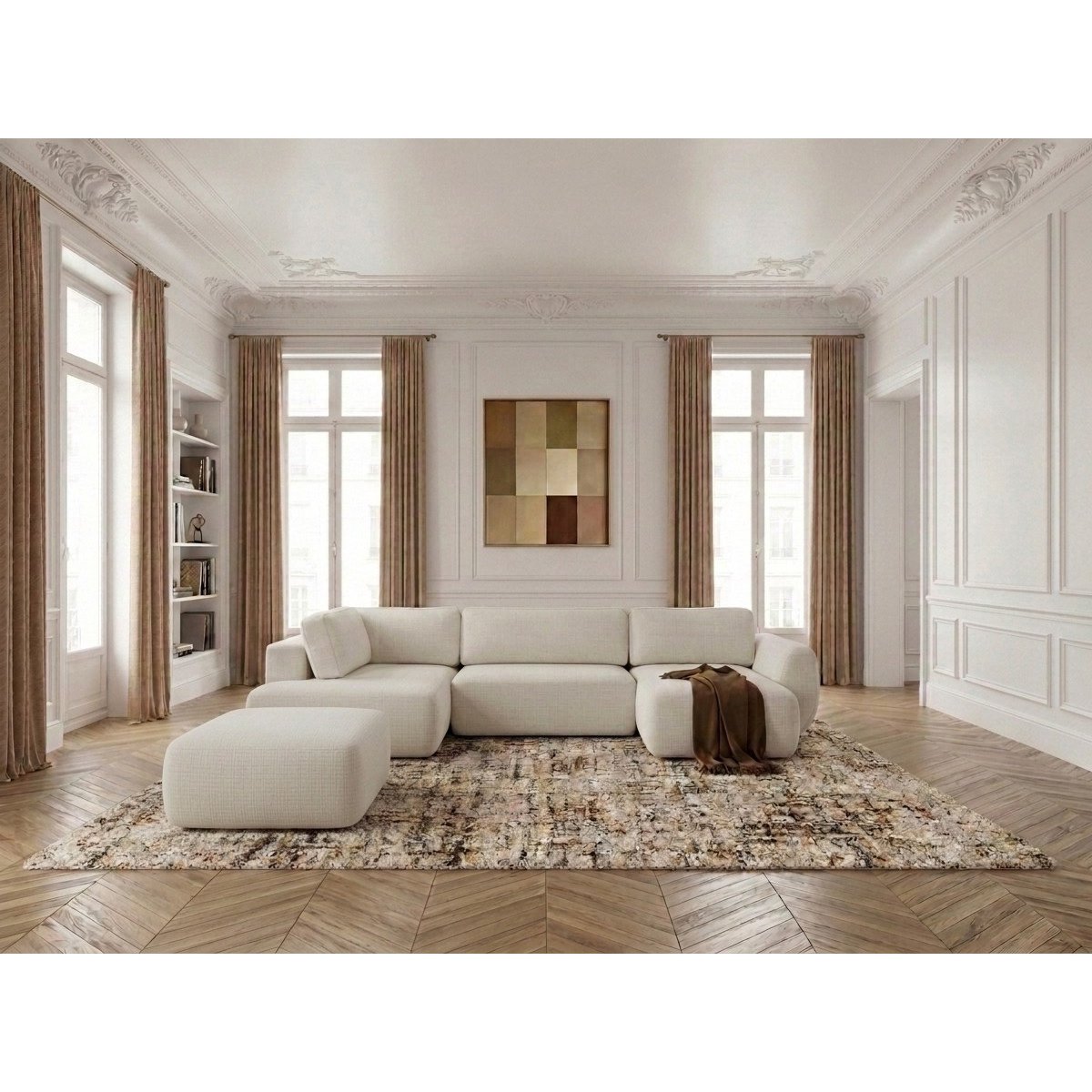 Canapé panoramique convertible 6 places en tissu texturé avec pouf, DENISE blanc, BOBOCHIC