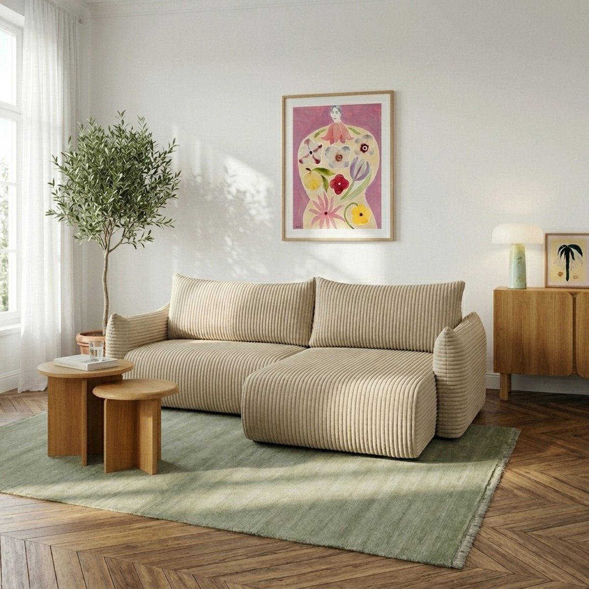 Canapé d'angle convertible velours  GLORIA beige, BAÏTA