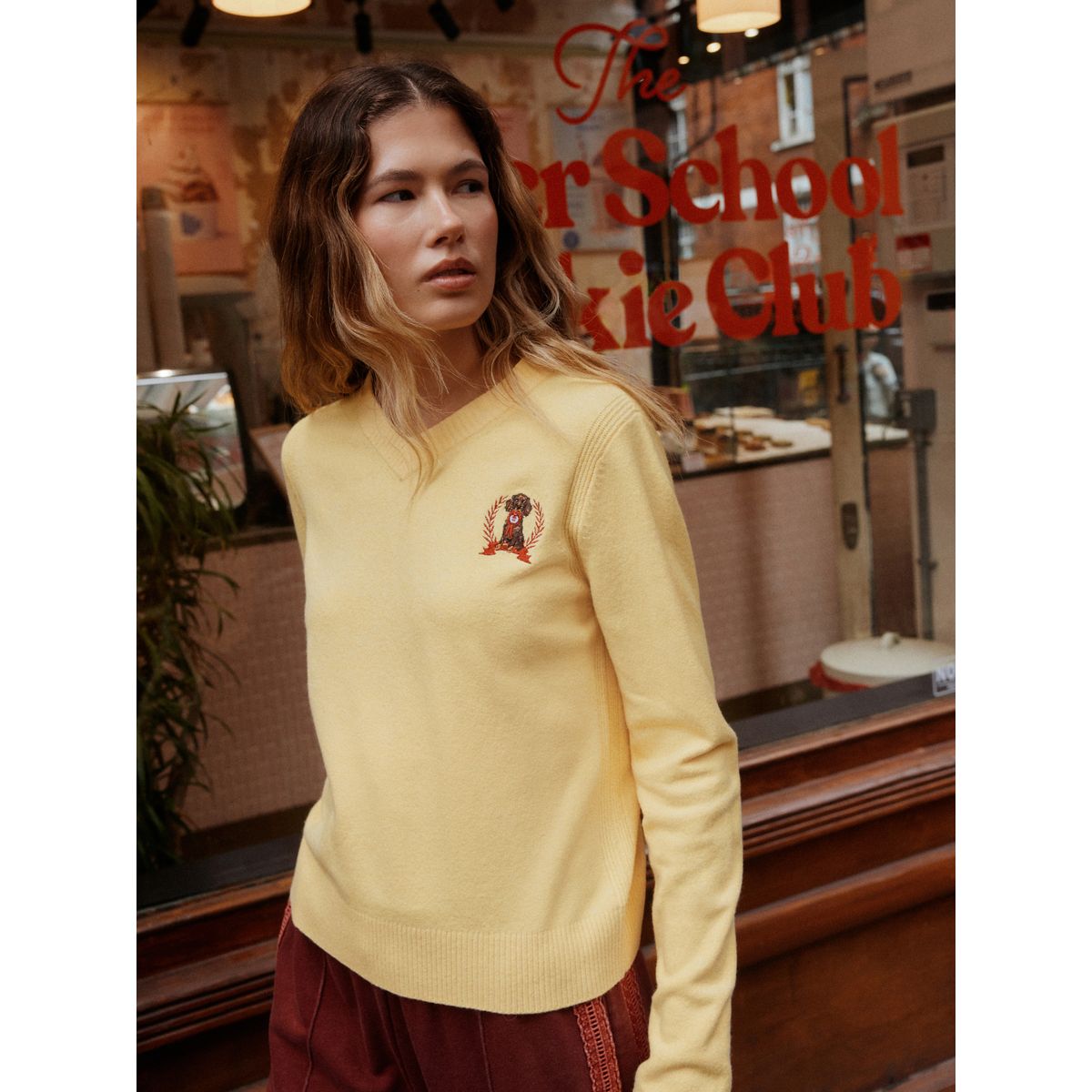 Pull ultra-doux à manches longues et col v chien jaune brodé, NEXT