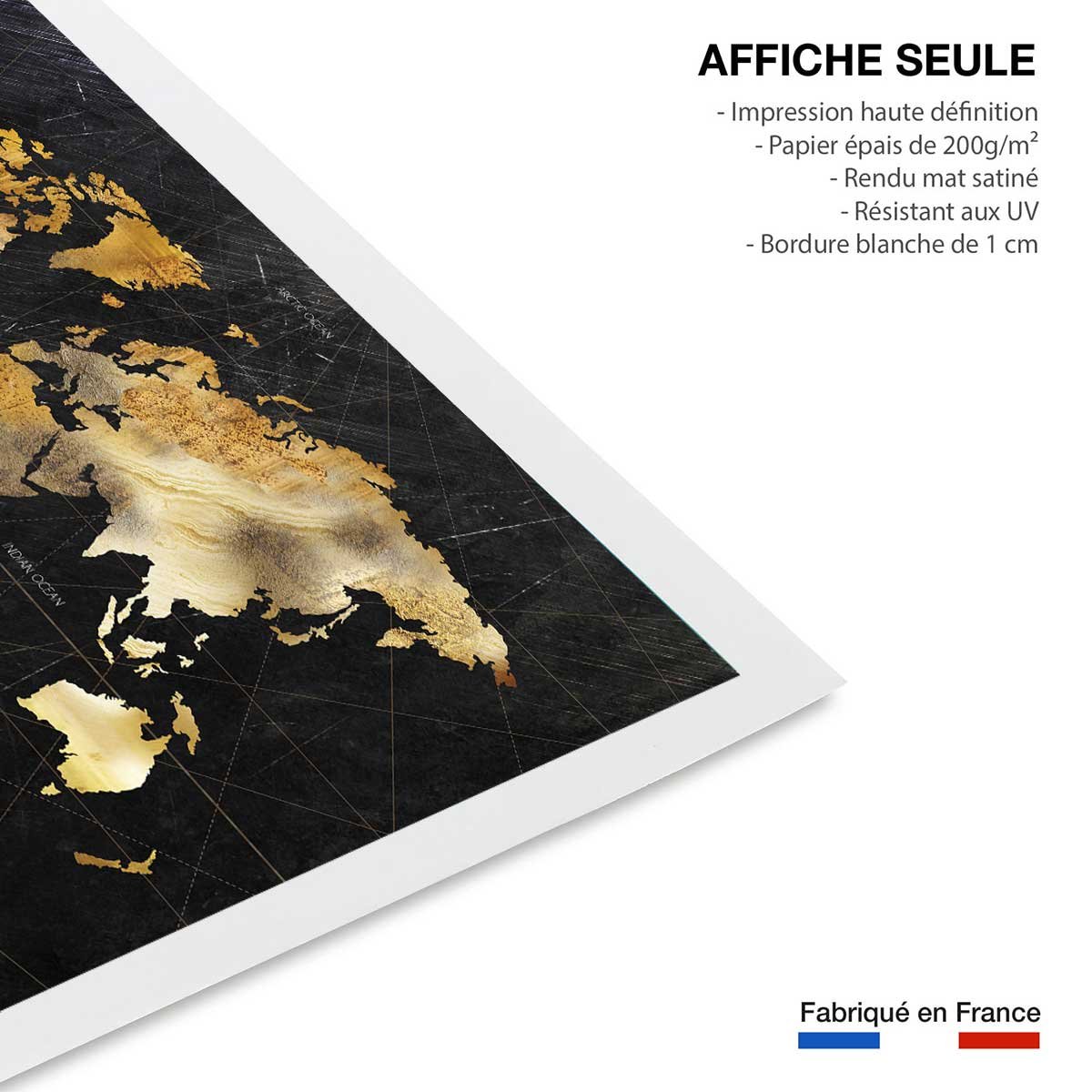 Affiche carte du monde dorée affiche seule, HEXOA