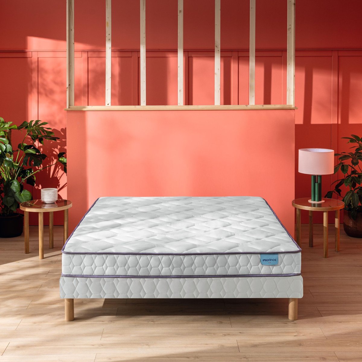 Ensemble matelas 100% latex HAPPY LIT, sommier TWIST et pieds blanc, MERINOS