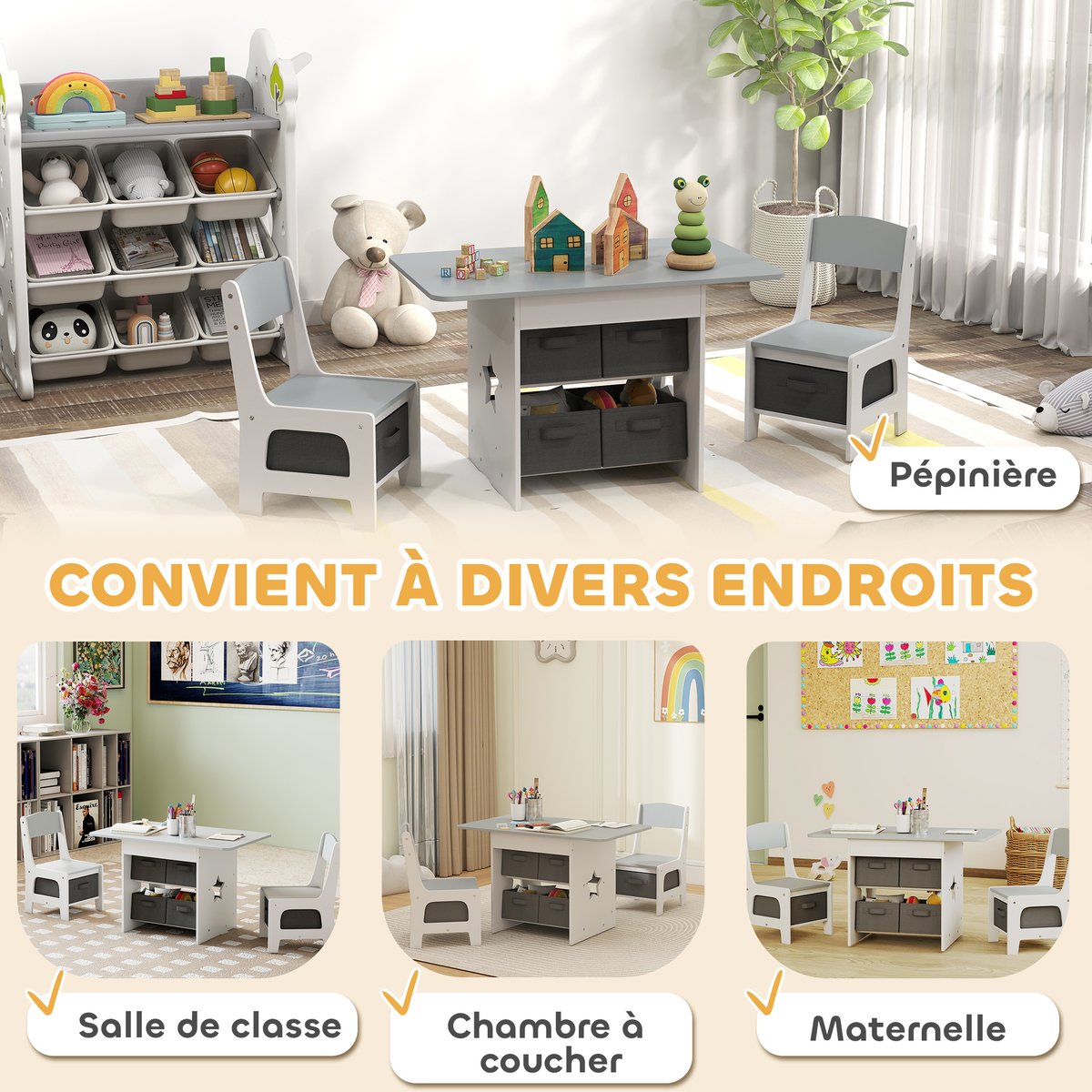 Ensemble table et chaises pour enfants MDF gris clair, gris foncé, blanc, AIYAPLAY