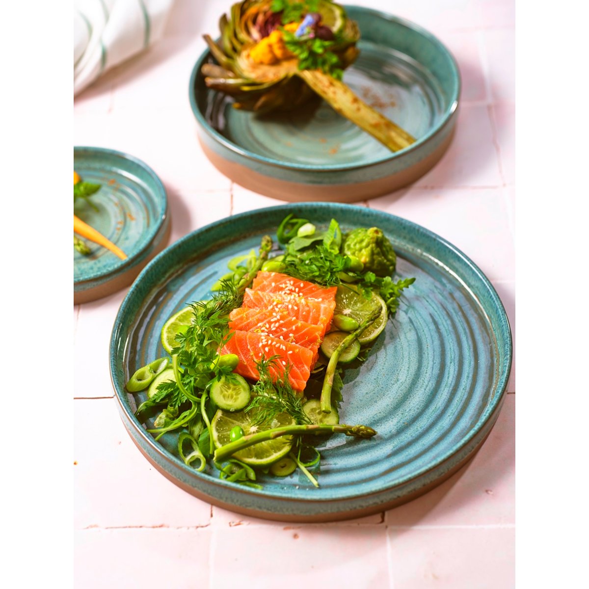 Lot de 6 Assiettes plates en grès, BASALT bleu vert, COSY&TRENDY