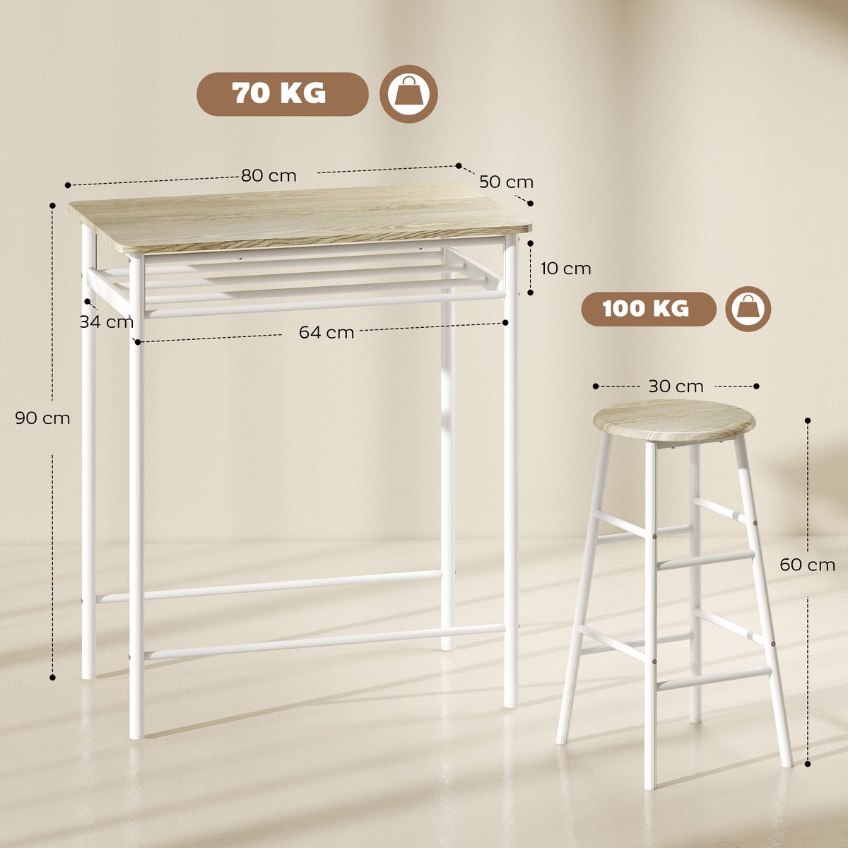 Ensemble de table de bar Métal Blanc blanc, chêne clair, HOMCOM
