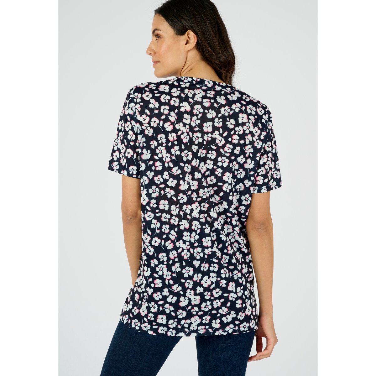 Tunique maille crêpe stretch fleurie bleu marine fleuri, DAMART