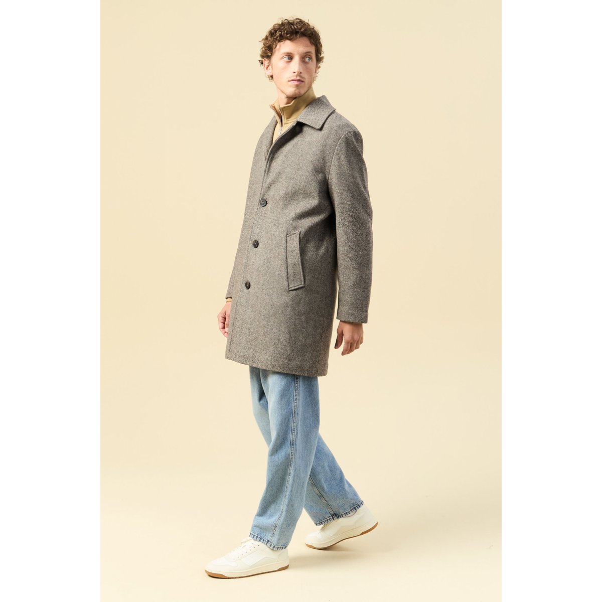 Manteau droit long col classique beige, BONOBO