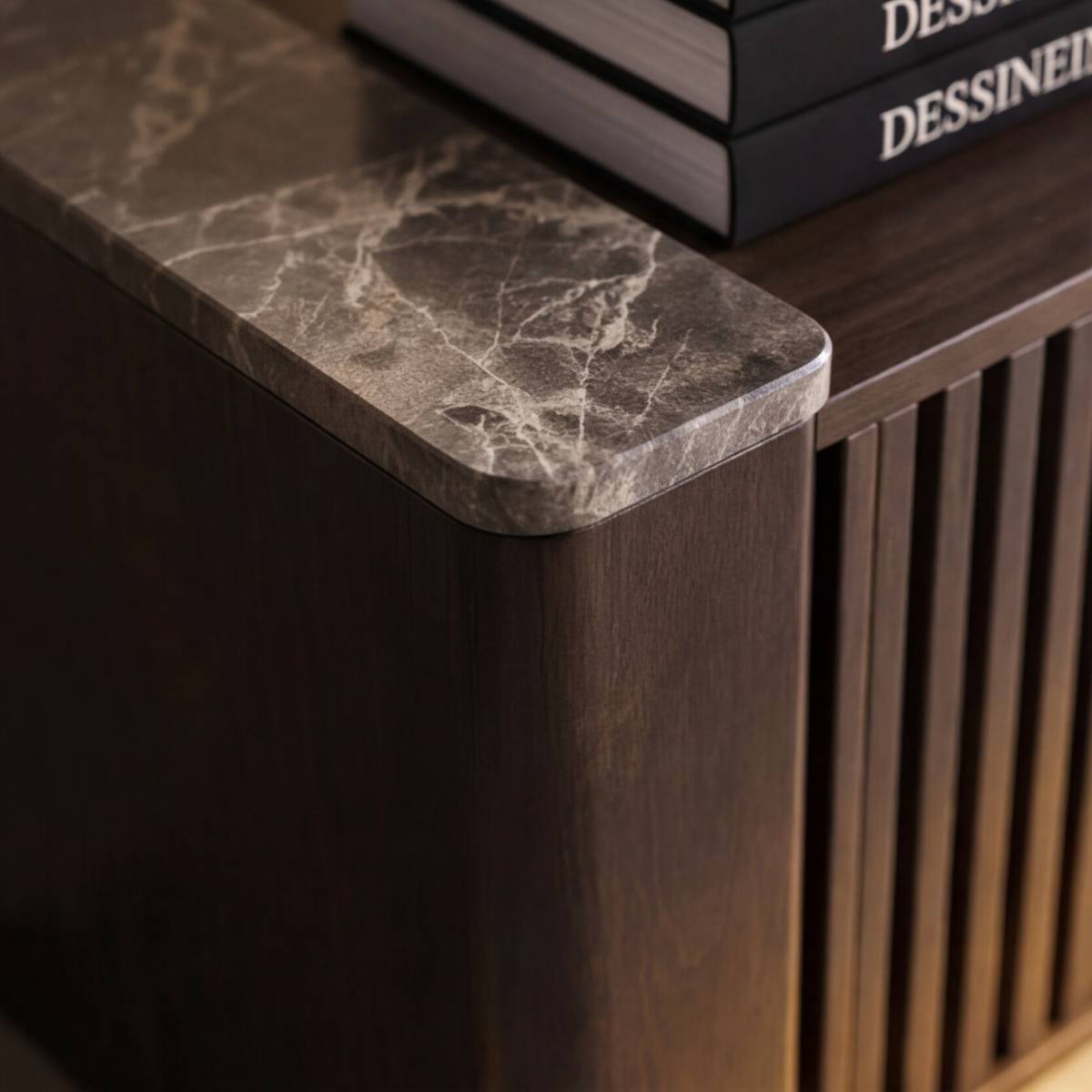 Meuble TV manguier et marbre TOBIAS bois foncé, MADE IN MEUBLES