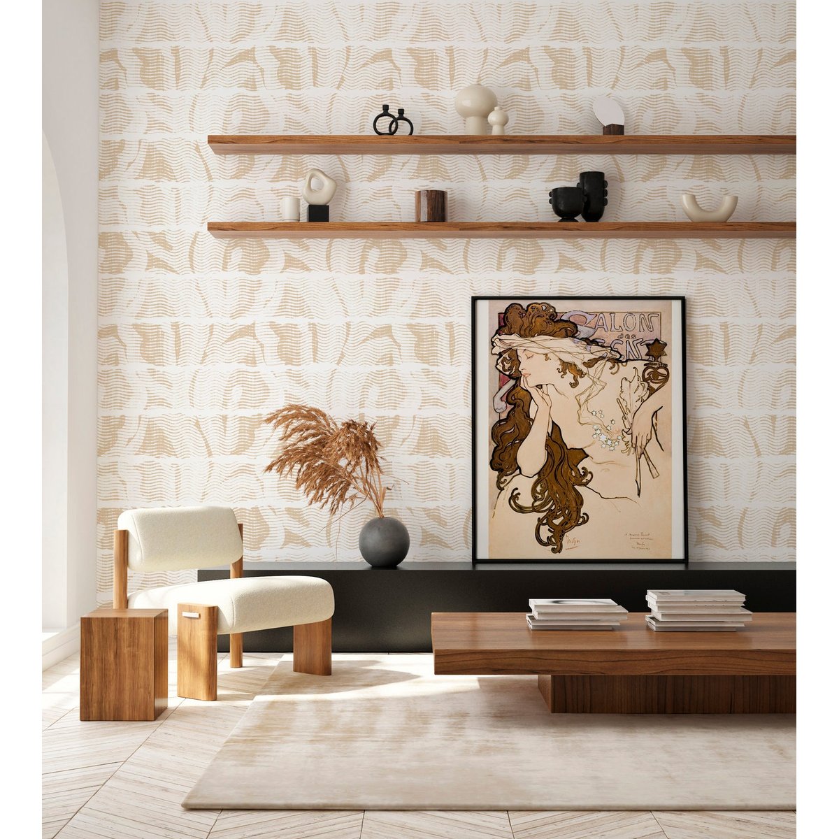 Papier peint panoramique Mawimbi - motif ethnique abstrait, intissé mat 150g blanc, LE PAPIERS DE NINON
