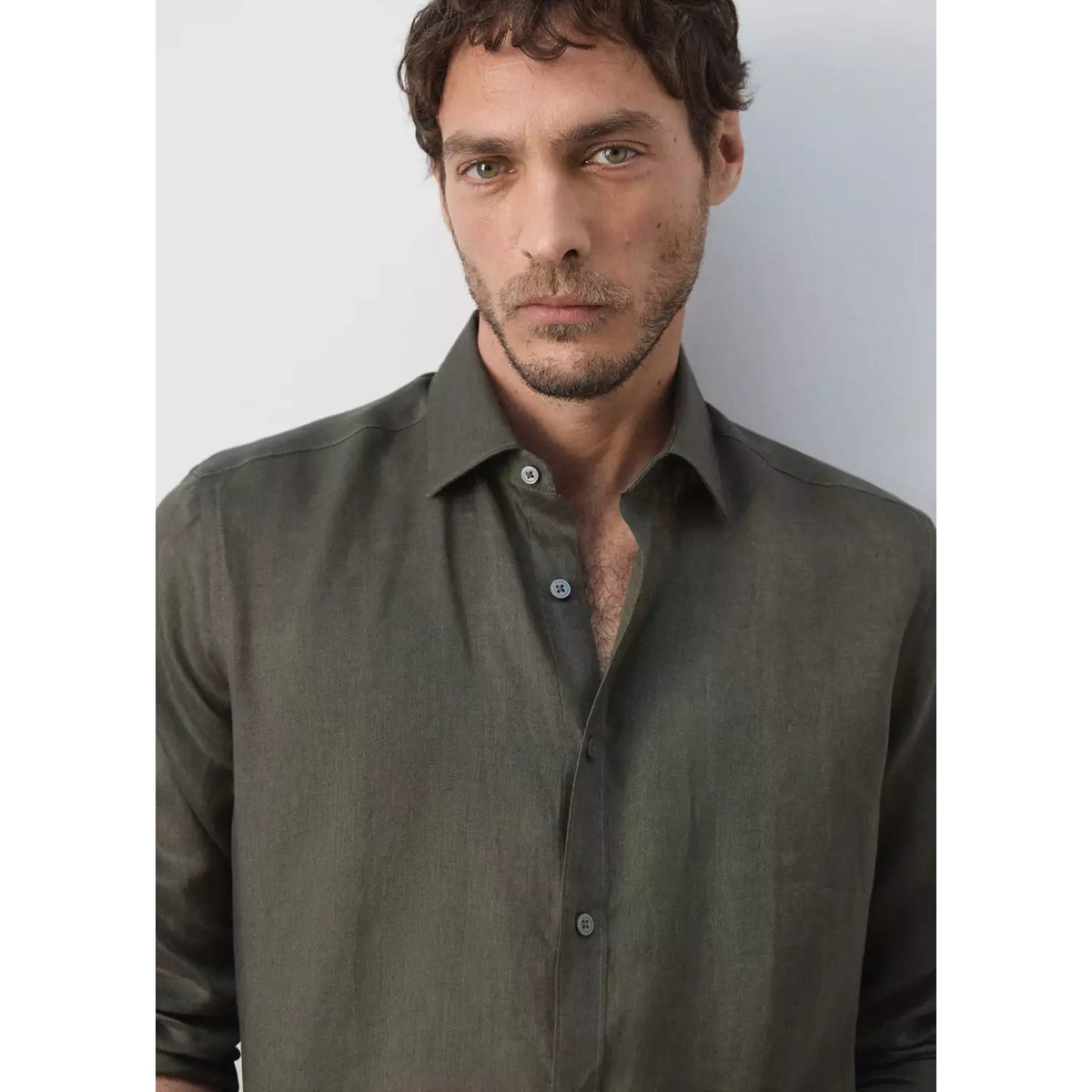 Chemise regular fit 100 % lin vert moyen, MANGO MAN