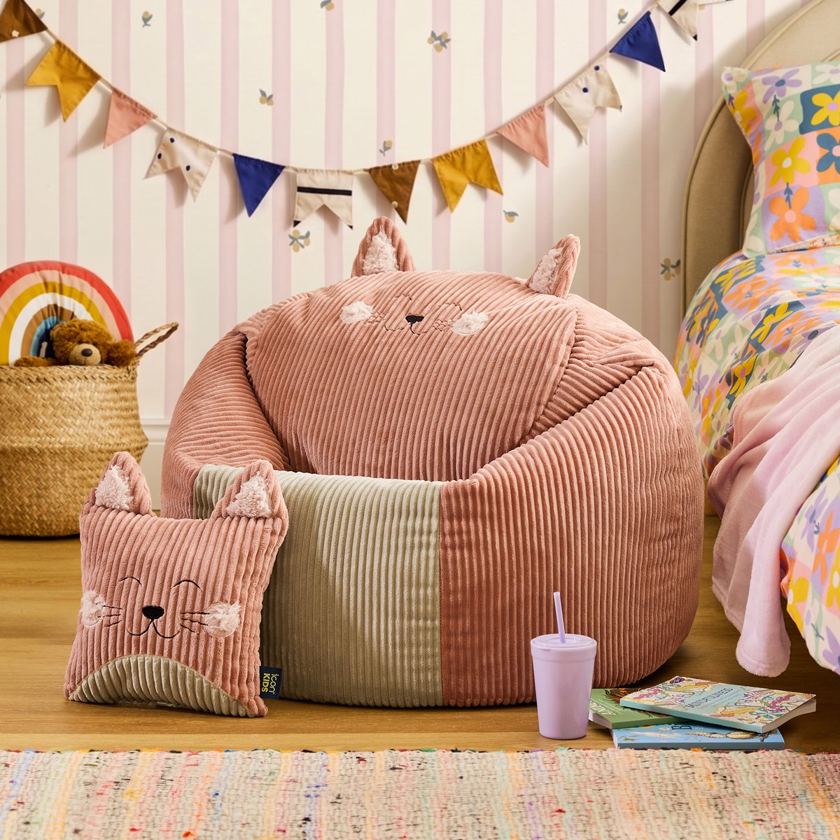 Pouf poire animal pour enfant avec coussin en velours côtelé Oeko-Tex® rose chat, ICON