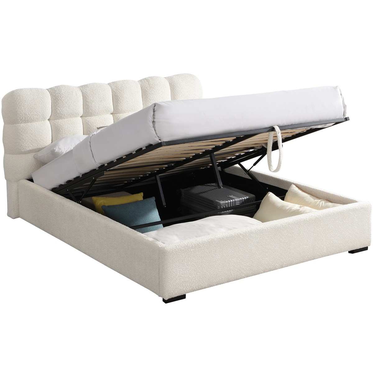 Lit coffre avec tête de lit en tissu bouclé - LOLA beige, HOMIFAB