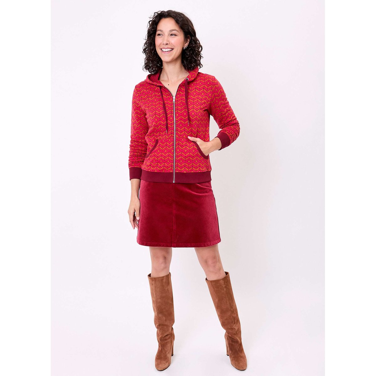 Sweat zippé maille jacquard YUMI rouge grenade, LA FIANCÉE