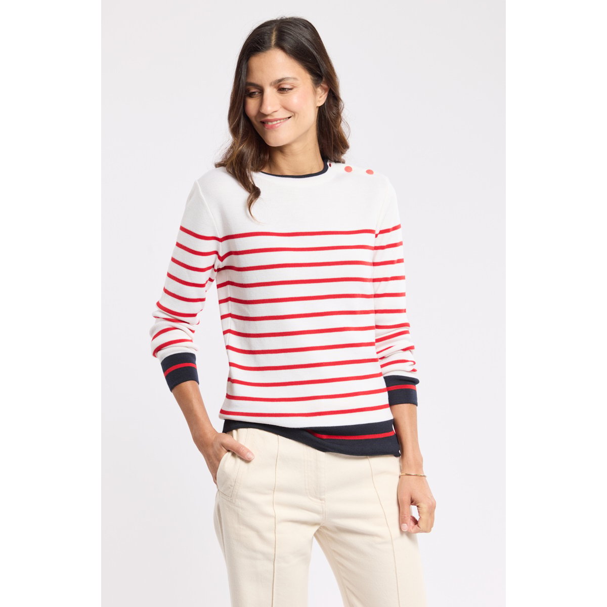 Pull marin rayé en laine mérinos en ?? SAINT VALENTIN blanc/carminio/rich navy, ARMOR-LUX
