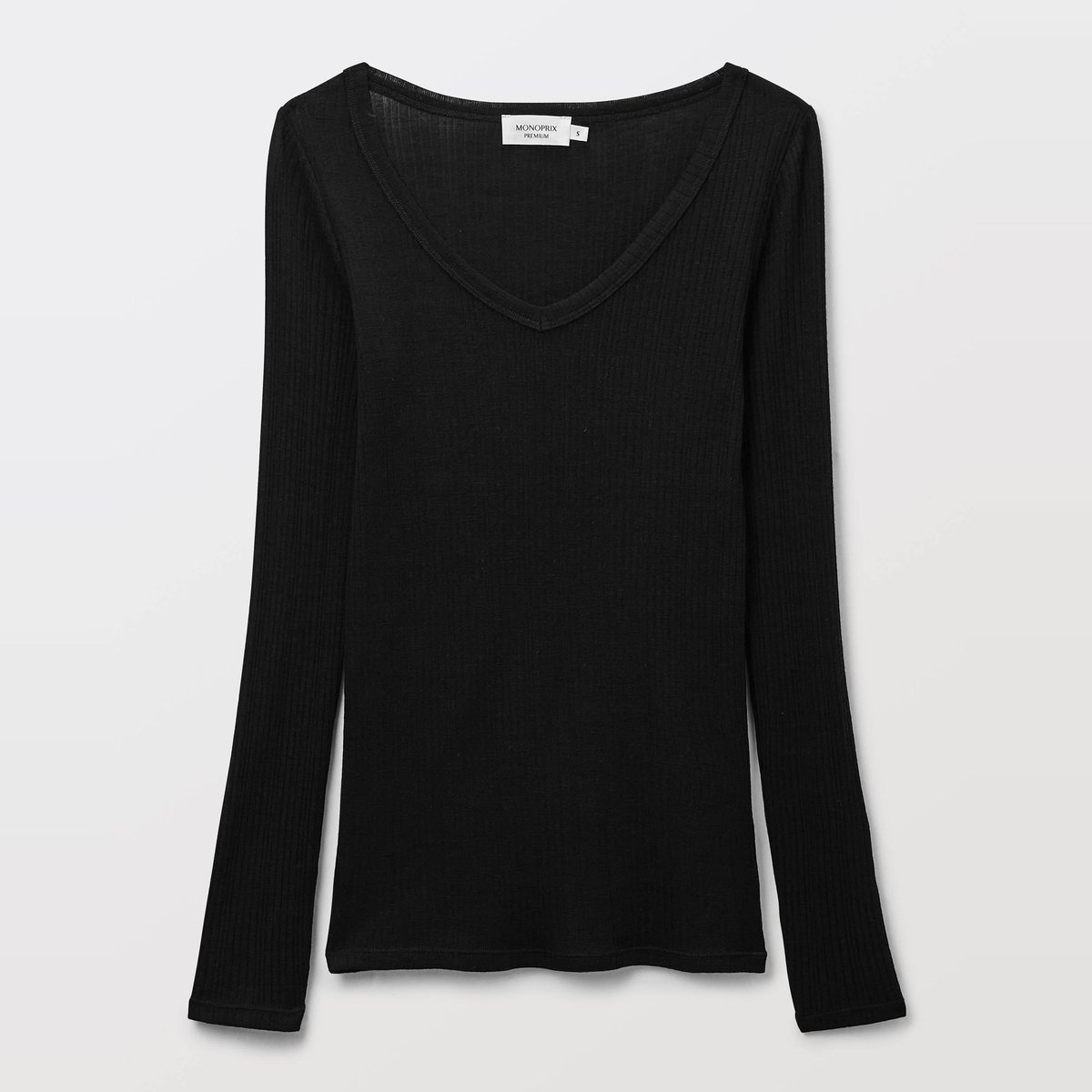 T-shirt manches longues en laine mérinos et soie noir, MONOPRIX