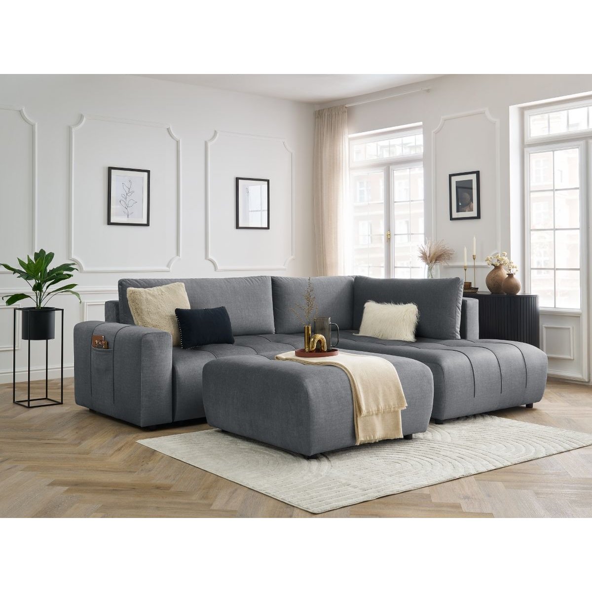 Canapé d'angle convertible 4 places en velours avec pouf, ARSENE gris foncé, BOBOCHIC