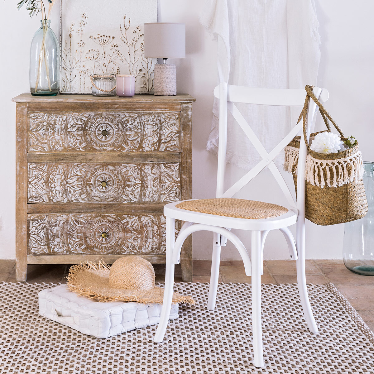 Chaise cannage bois de hêtre ISAK blanc, ATMOSPHERA