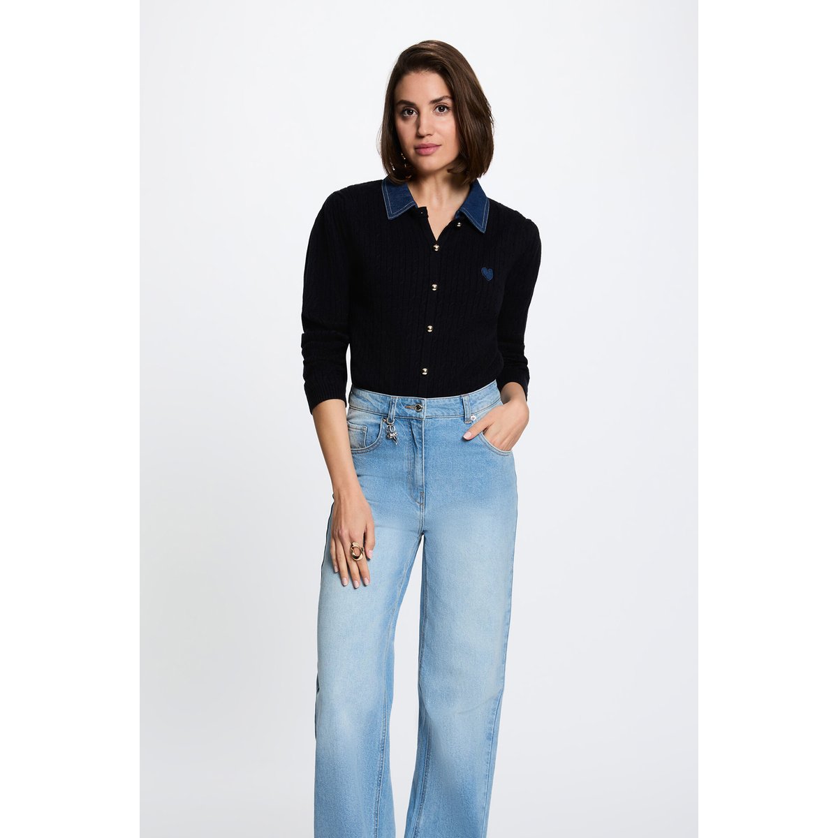 Pull col revers boutons bleu marine, MORGAN