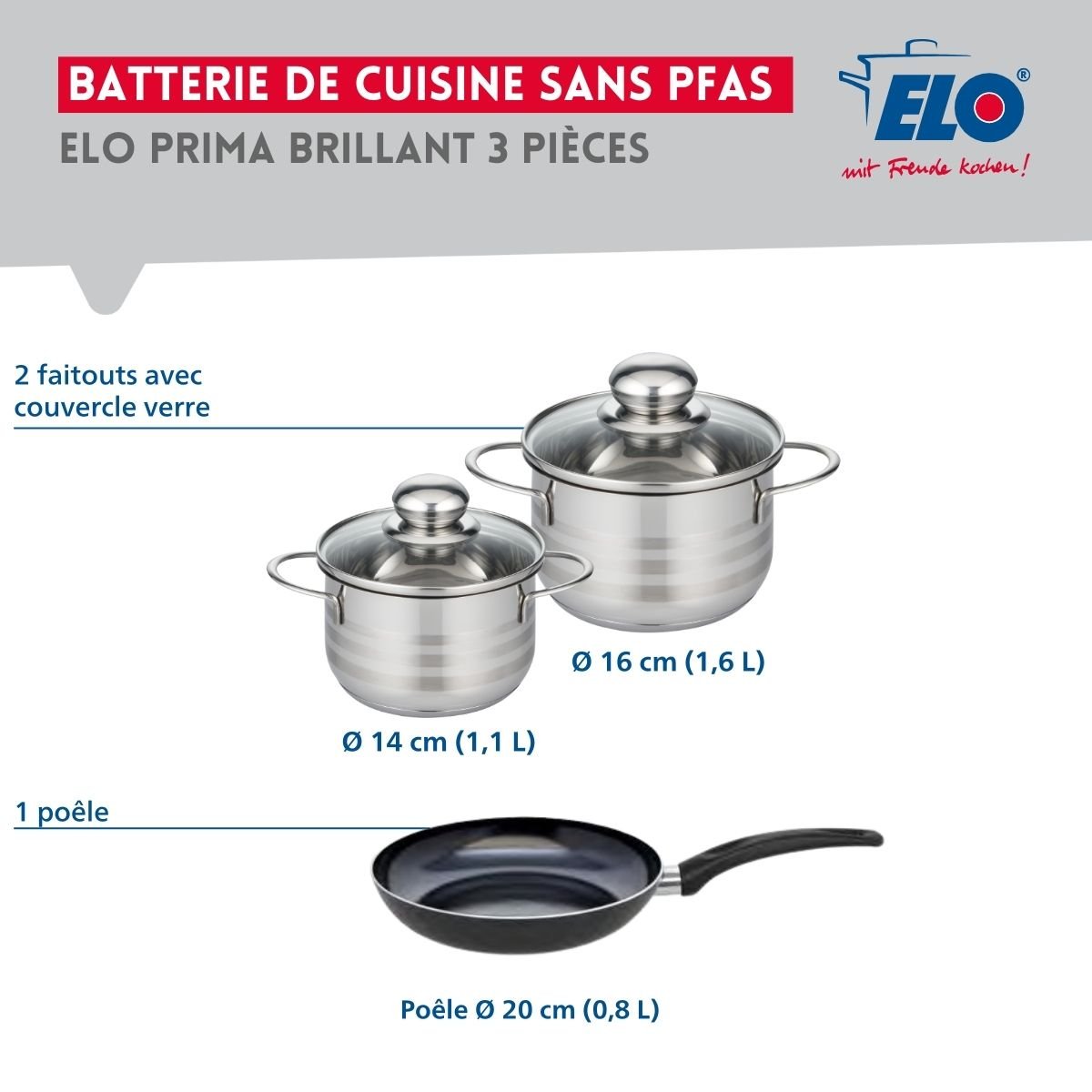 Batterie 1 poêle 20cm + 2 faitouts 14/16cm PRIMA BRILLANT noir, ELO