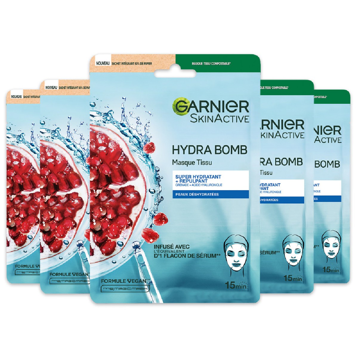 Coffret 5 Masques Tissu HydraBomb 140ml couleur unique, GARNIER