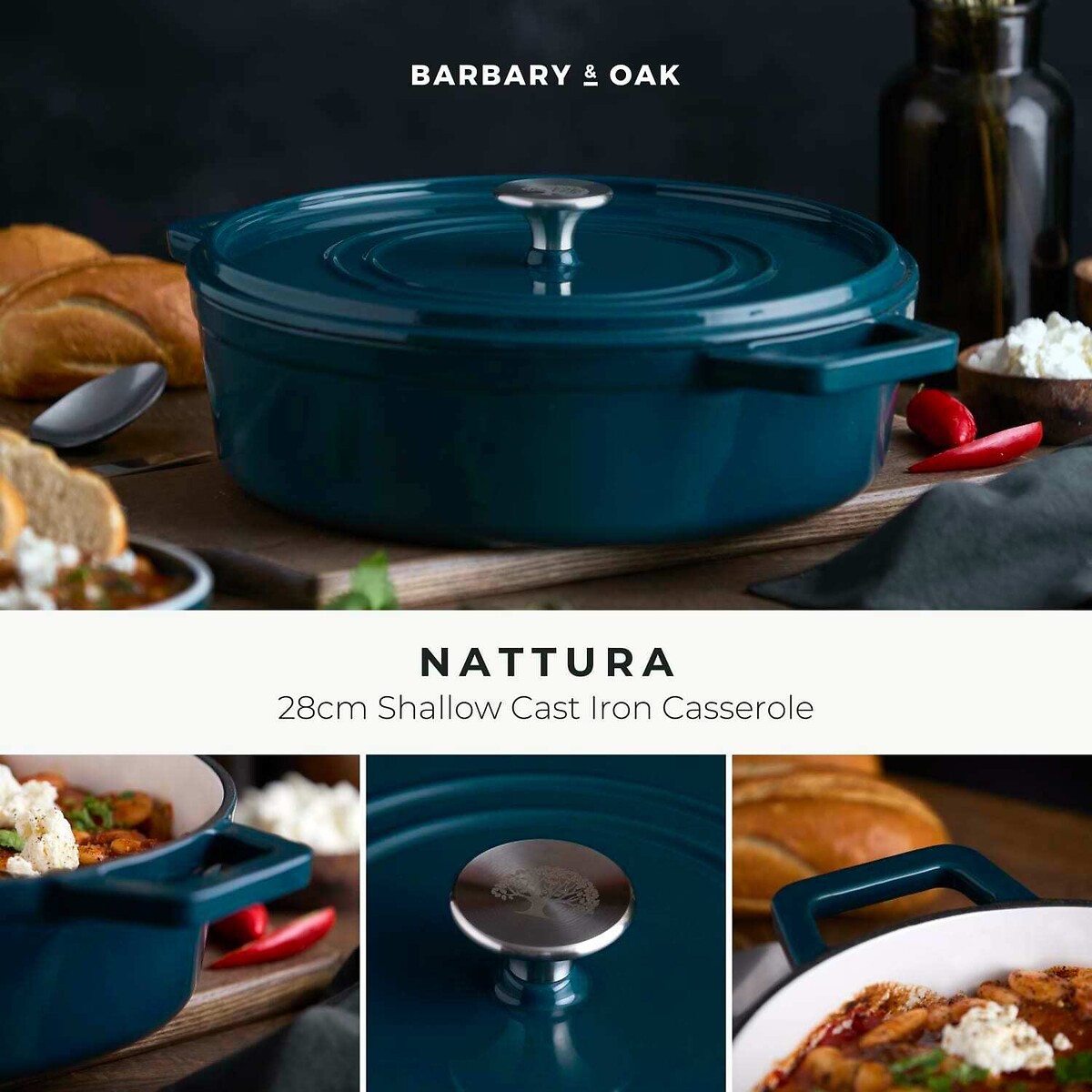 28cm Nattura Round Cast Iron Casserole Dish teal, BARBARY & OAK